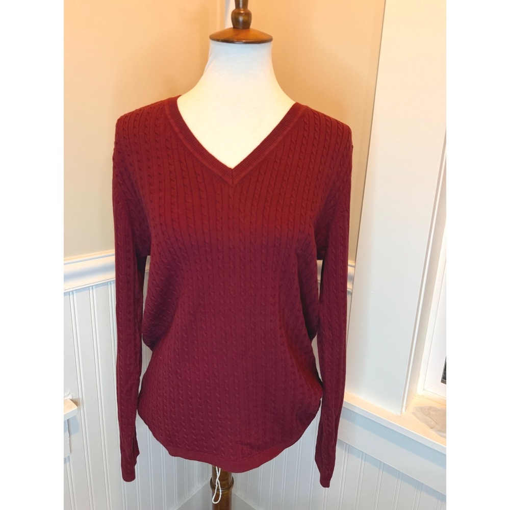 Tommy Hilfiger Cable Knit V-Neck Cotton Sweater Red Large TJROSK305C